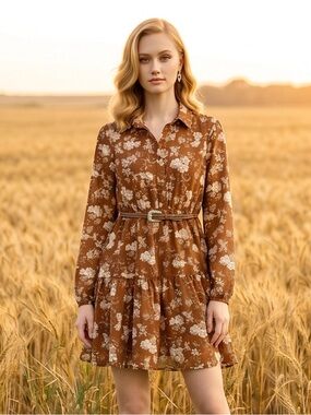 Brown Floral Long-Sleeve Tiered Dress